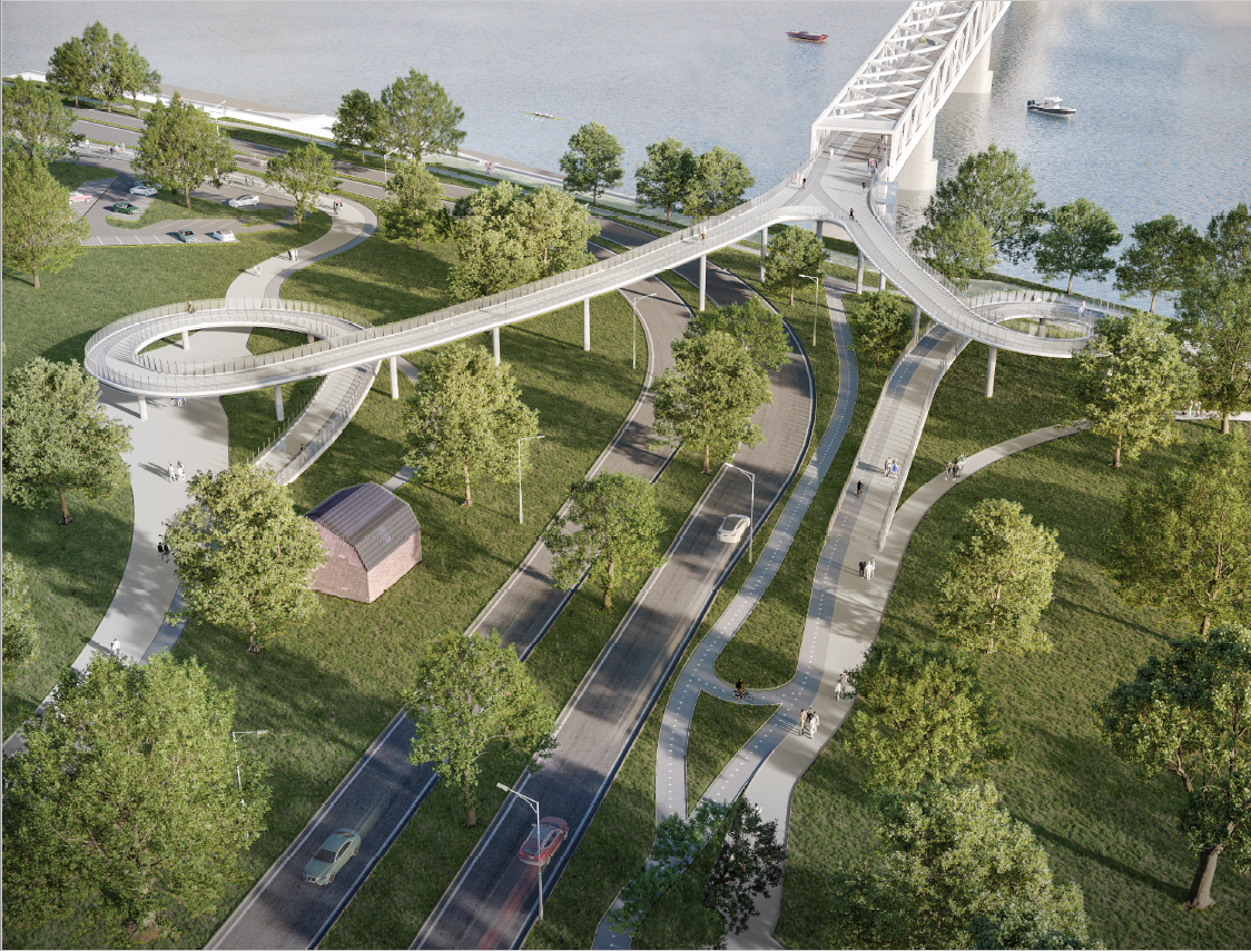 NEW PEDESTRIAN AND CYCLING BRIDGE OVER THE DANUBE ON THE EXISTING PILLARS OF THE FORMER FRANZ JOSEPH BRIDGE